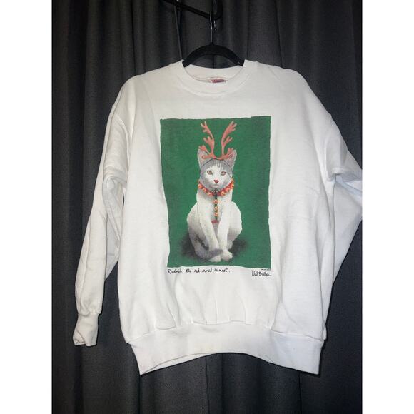 Ugly Christmas Sweater Xmas Sweatshirt Crewneck Size Medium Vintage Cat - Picture 1 of 3